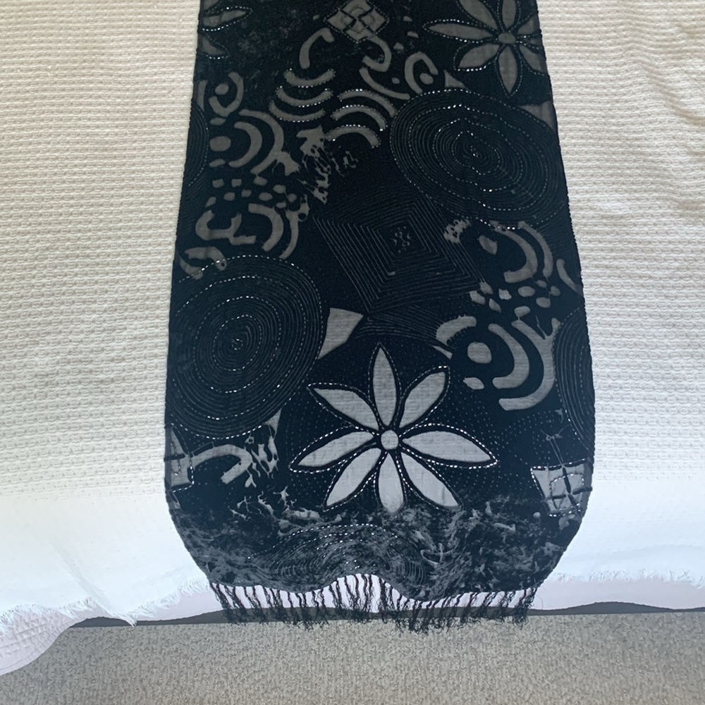 Velvet cutout beaded scarf with fringe